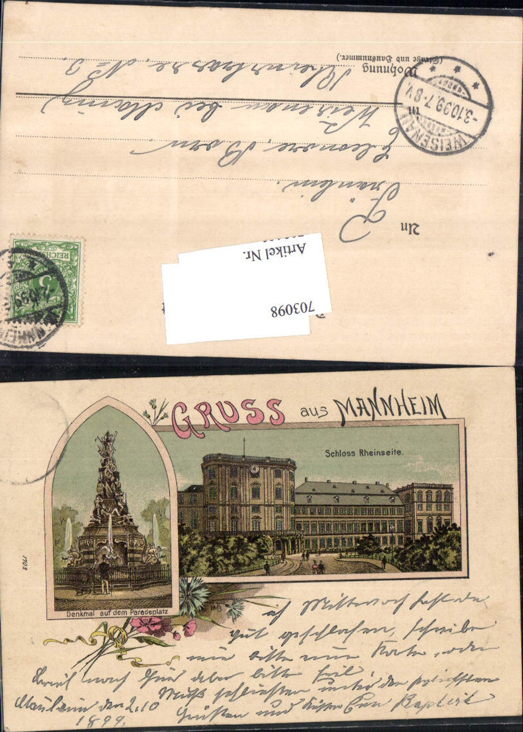 703098 tolle Lithographie Gruss aus Mannheim Schloss Denkmal