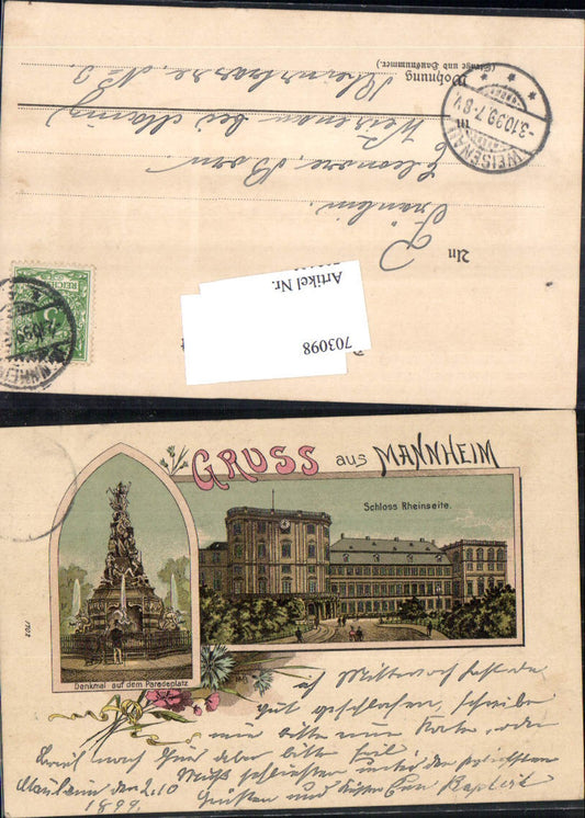 703098 Great lithograph Greetings from Mannheim Palace Monument