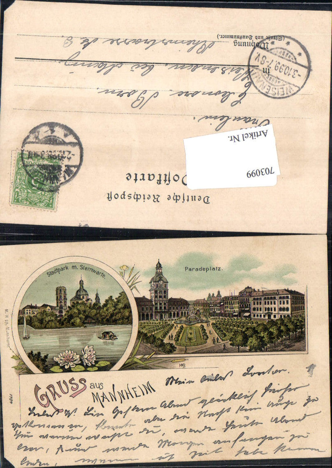 703099 tolle Lithographie Gruss aus Mannheim Sternwarte Paradeplatz