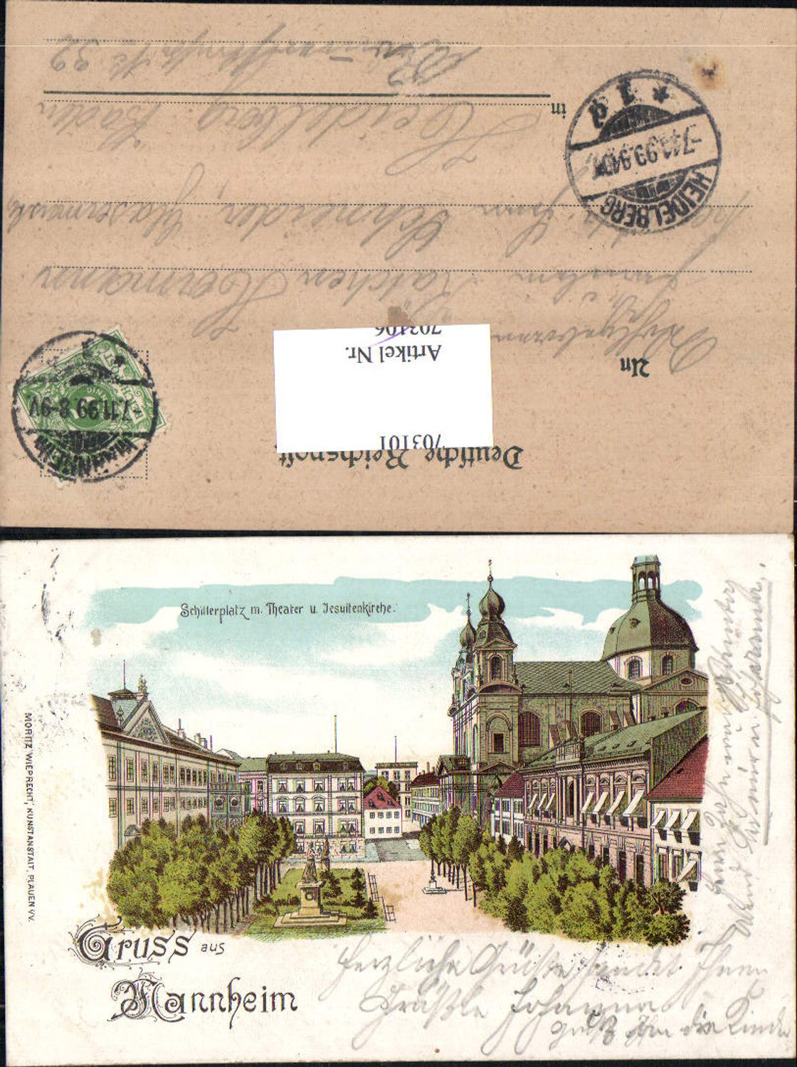 703101 tolle Lithographie Gruss aus Mannheim Schillerplatz Jesuitenkirche