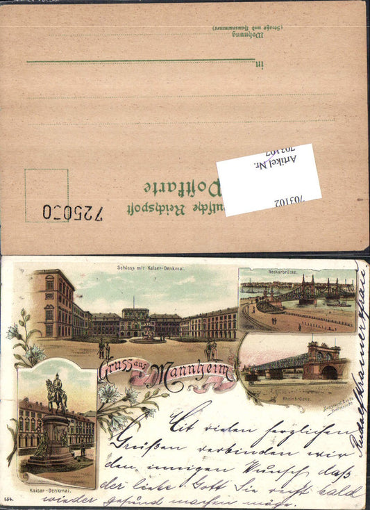 703102 Great lithograph Greetings from Mannheim Bridge Emperor Monument