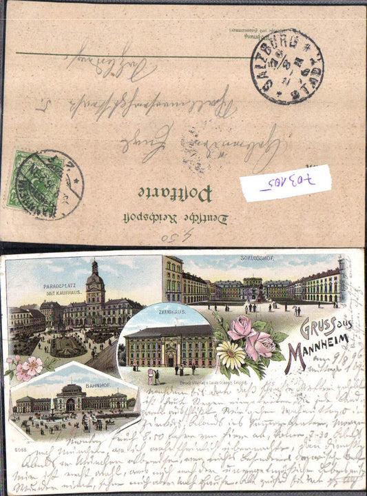 703105 Great lithograph Greetings from Mannheim Paradeplatz train station