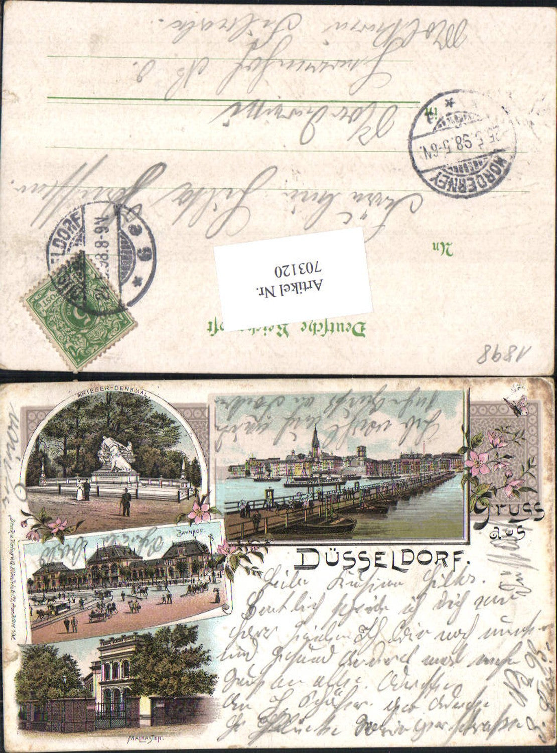 703120 tolle Lithographie Gruss aus Düsseldorf Malkasten Denkmal