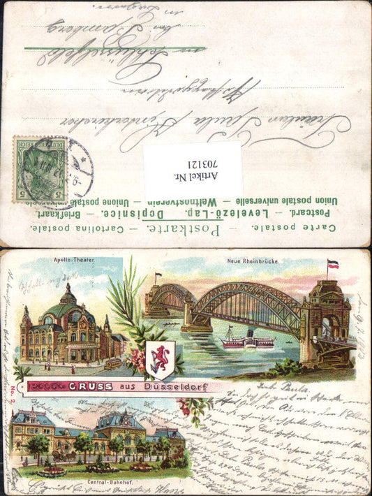 Lithographie Gruss aus Düsseldorf Neue Rheinbrücke Brücke Theater Apollo Bahnhof gel Schlüsselberg Bamberg