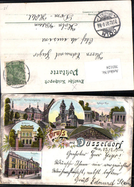703124 tolle Lithographie Gruss aus Düsseldorf Tonhalle Ratinger Tor Malkasten Kirche