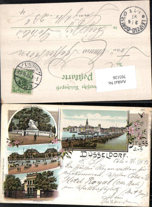 703126 tolle Lithographie Gruss aus Düsseldorf Brücke Bahnhof pub Blümlein & Co.
