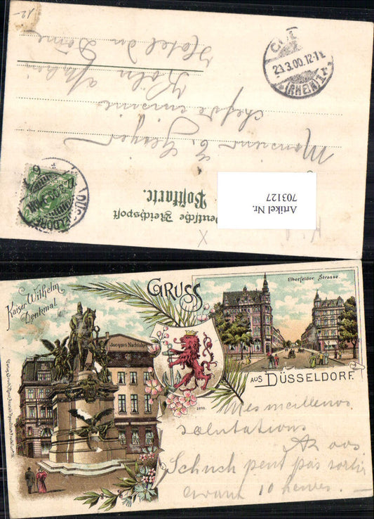703127 tolle Lithographie Gruss aus Düsseldorf Wappen Elberfelder Strasse Denkmal