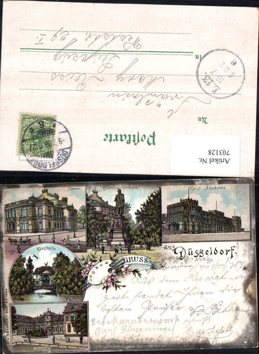 Lithographie Gruss aus Düsseldorf Kunst Akademie Theater Jägerhof Kunsthalle