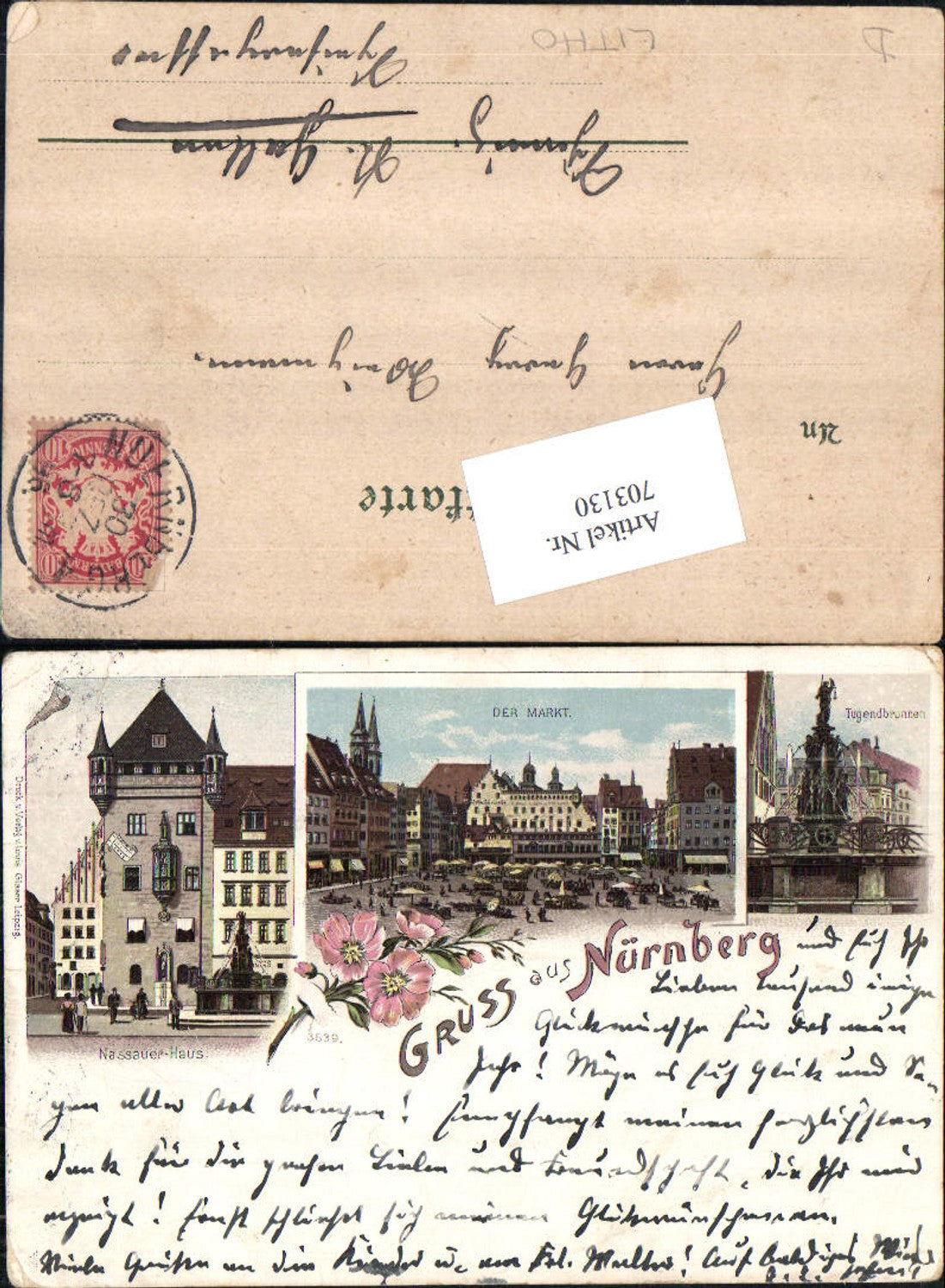 703130 Lithographie Gruss aus Nürnberg Markt Tugendbrunnen Nassauer haus