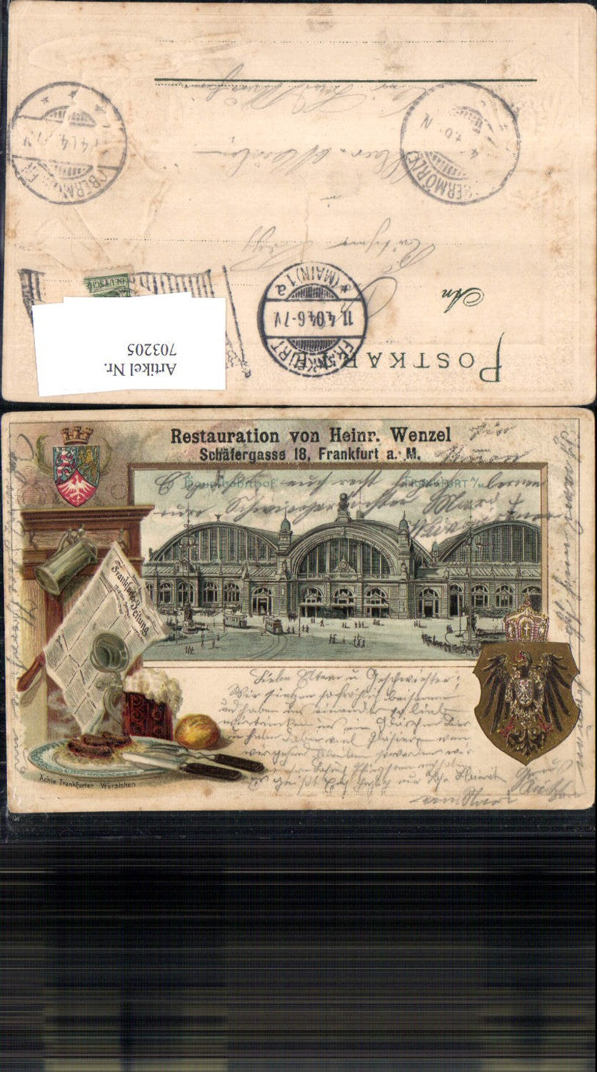 Präge Lithographie Frankfurt am Main Wappen Restauration Heinr. Wenzel Bahnhof