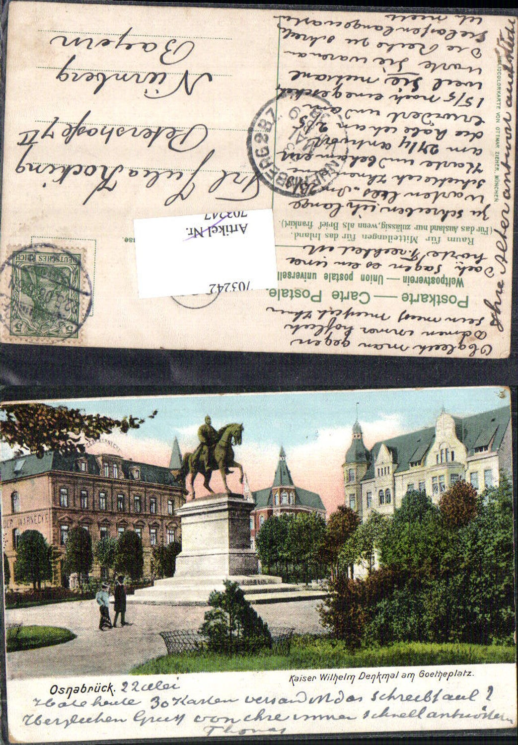 703242 Osnabrück Kaiser Wilhelm Denkmal am Goetheplatz Heliocolorkarte Ottmar Zieher
