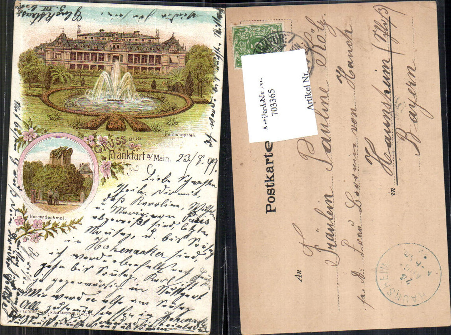 Lithographie Gruss aus Frankfurt am Main Palmengarten Stp. Haunsheim 1899