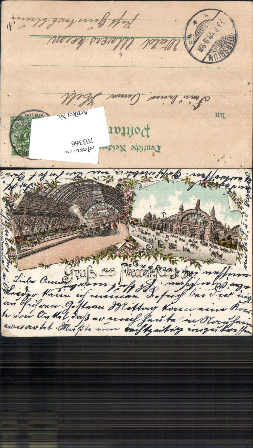 Lithographie Gruss aus Frankfurt am Main Bahnhof Stp. Guntersblum Uelversheim