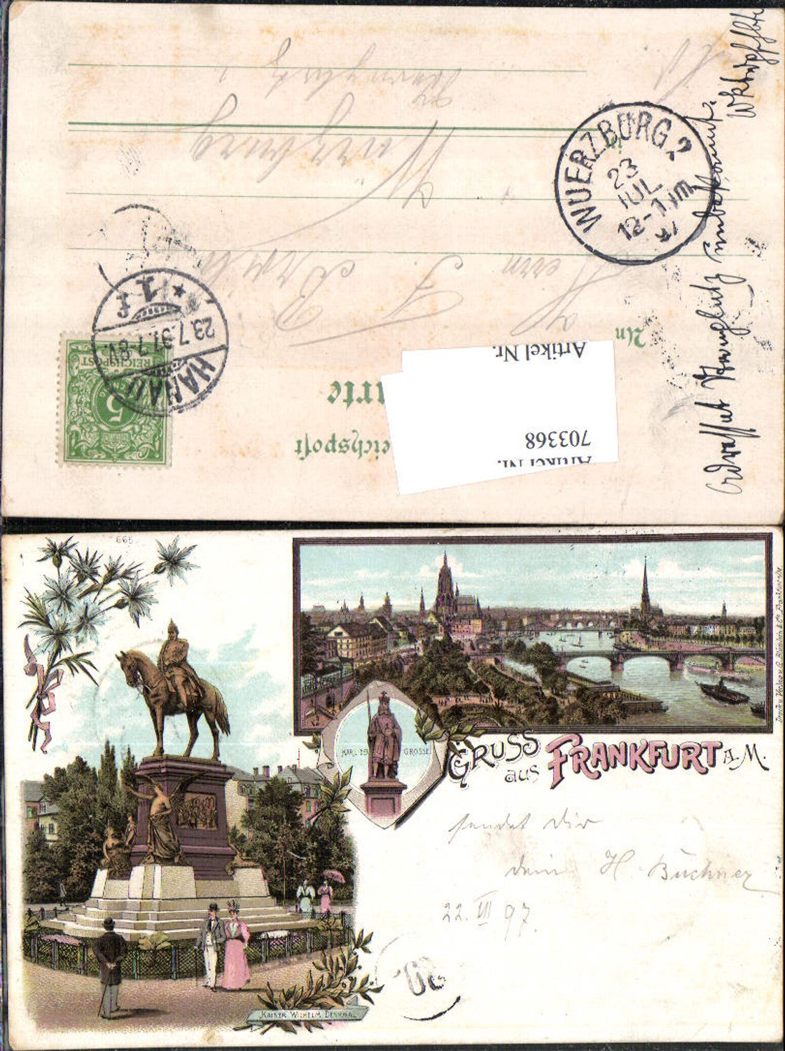 Lithographie Gruss aus Frankfurt am Main Kaiser Wilhelm Denkmal Stp. Würzburg