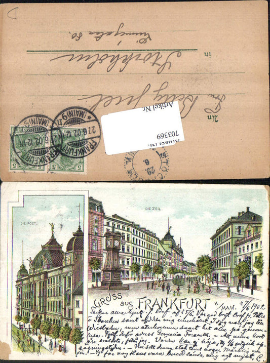 Lithographie Gruss aus Frankfurt am Main Die Zeil Postamt Post Stp. Stockholm Sweden