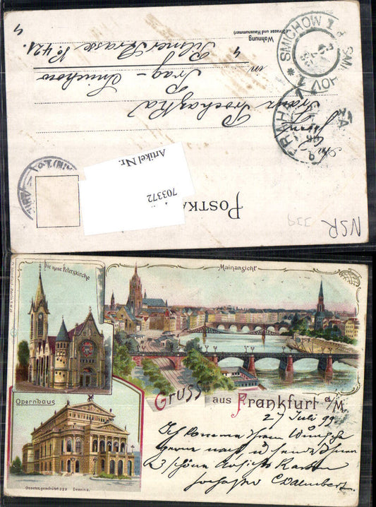 Lithographie Gruss aus Frankfurt am Main Peterskirche Oper Stp. Prag Smichow