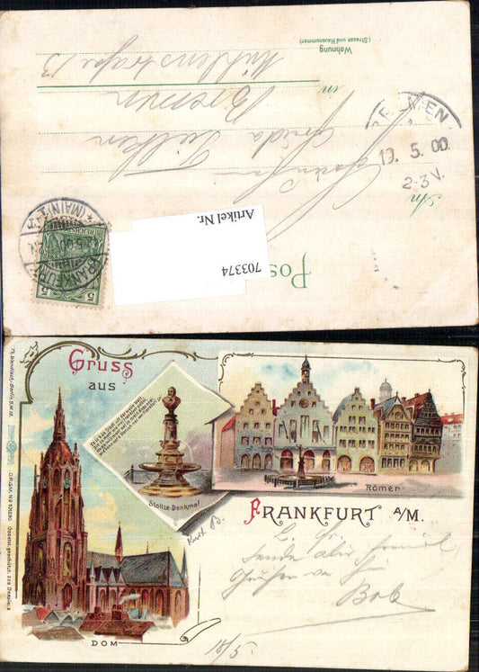 Lithographie Gruss aus Frankfurt am Main Dom Römer