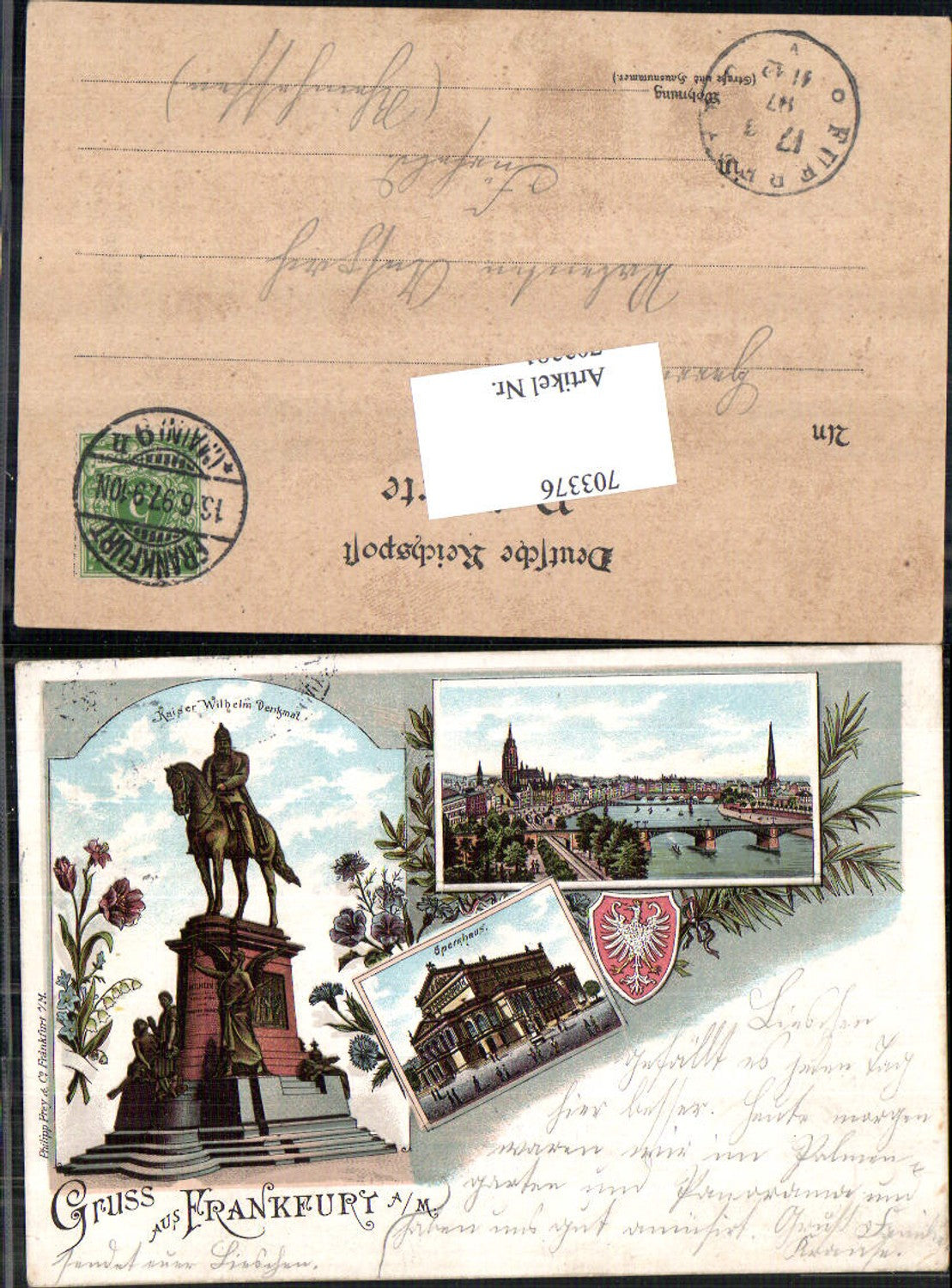 Lithographie Gruss aus Frankfurt am Main Kaiser Wilhelm Denkmal Stp. Fürfeld