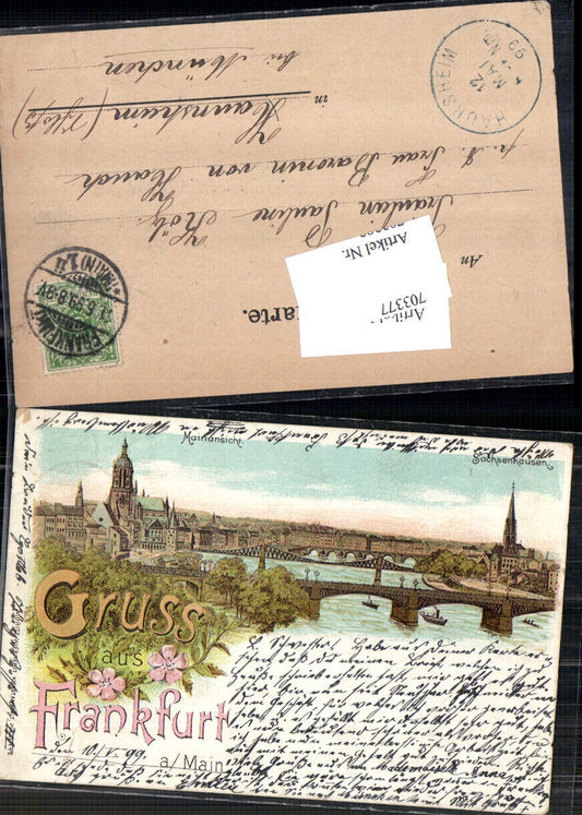Lithographie Gruss aus Frankfurt am Main Brücke Stp. Haunsheim