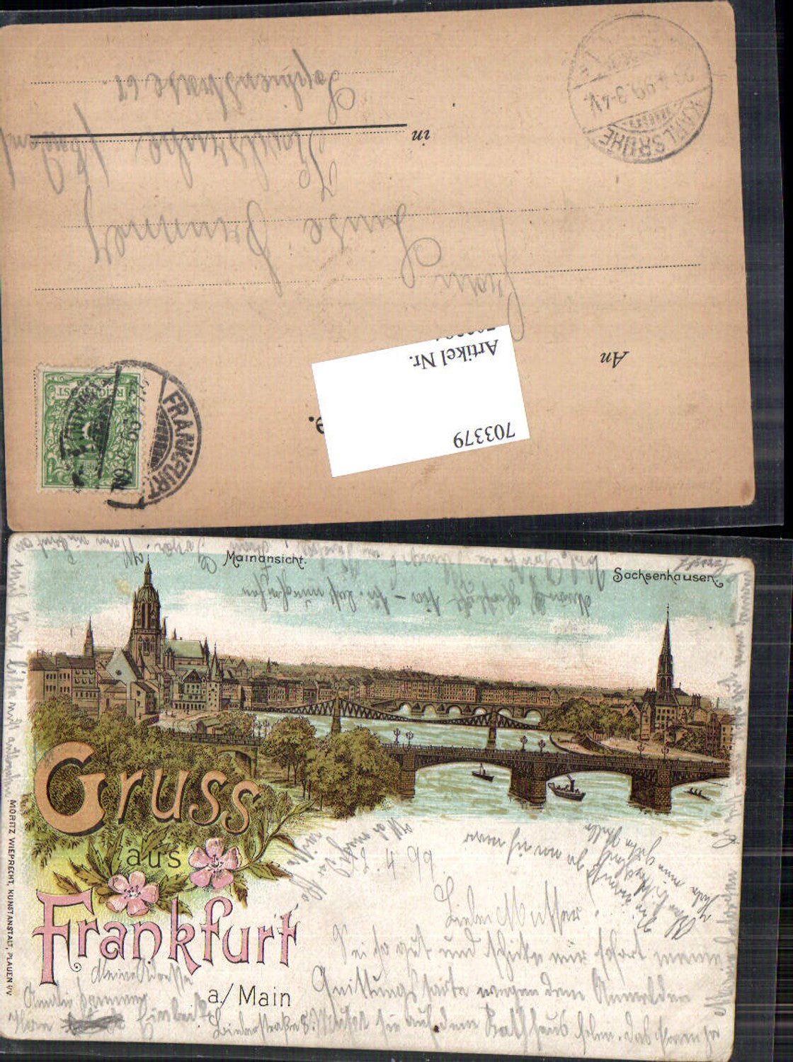 Lithographie Gruss aus Frankfurt am Main Brücke Stp. Karlsruhe