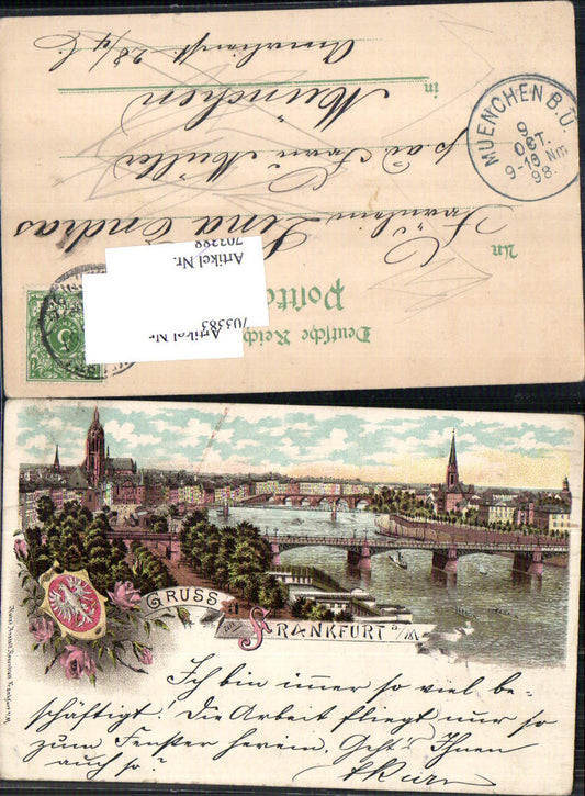Lithographie Gruss aus Frankfurt am Main brücke Stp. München