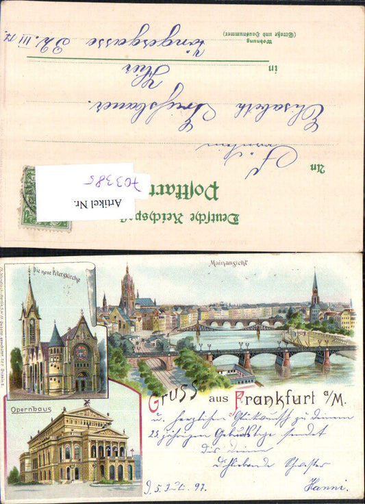 Lithographie Gruss aus Frankfurt am Main Peterskirche Oper