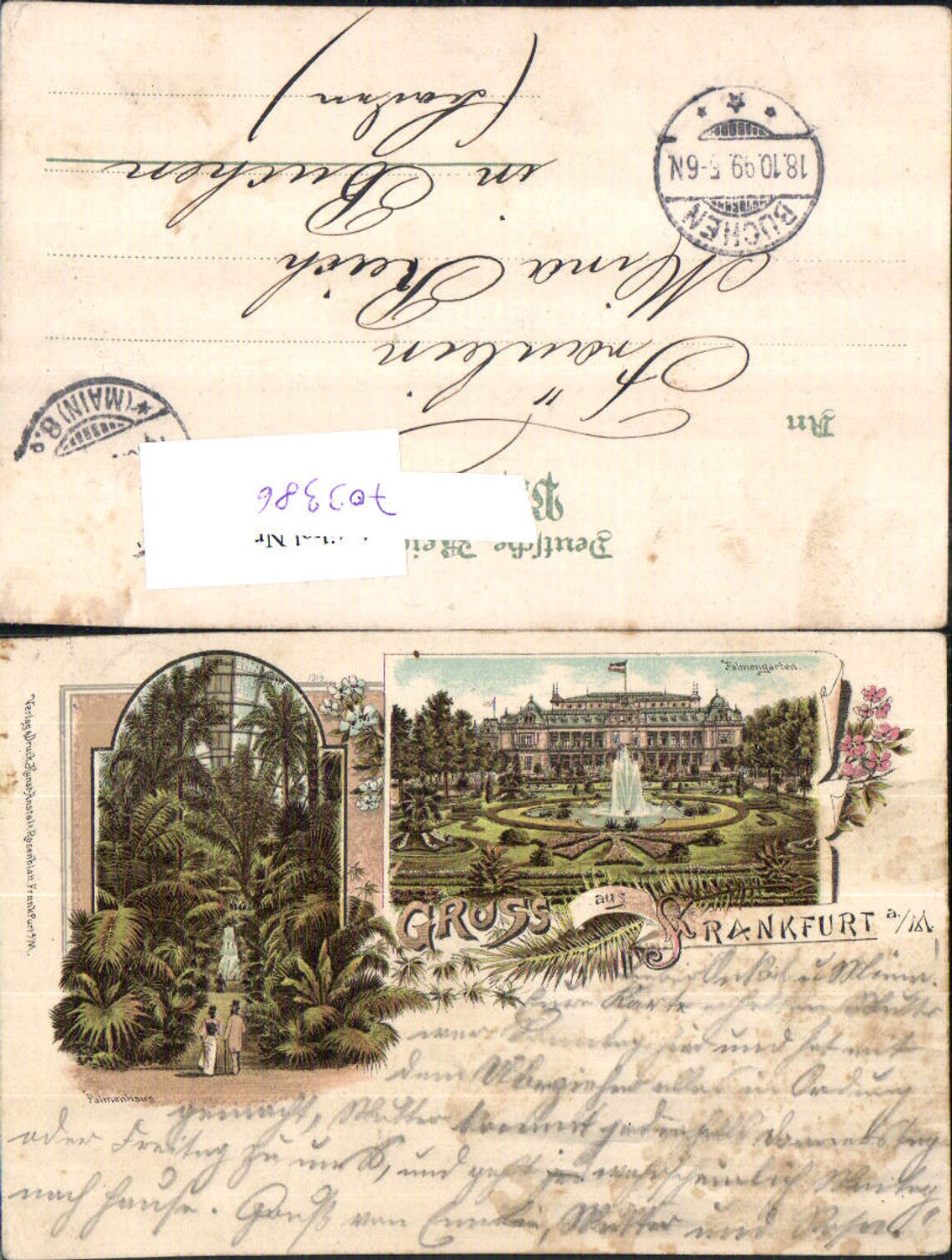 Lithographie Gruss aus Frankfurt am Main Palmengarten Stp. Buchen Baden