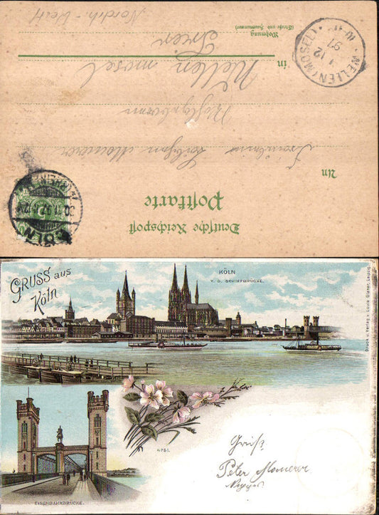 703422 Lithographie Gruss aus Köln am Rhein Eisenbahnbrücke Stp. Wellen Mosel Trier