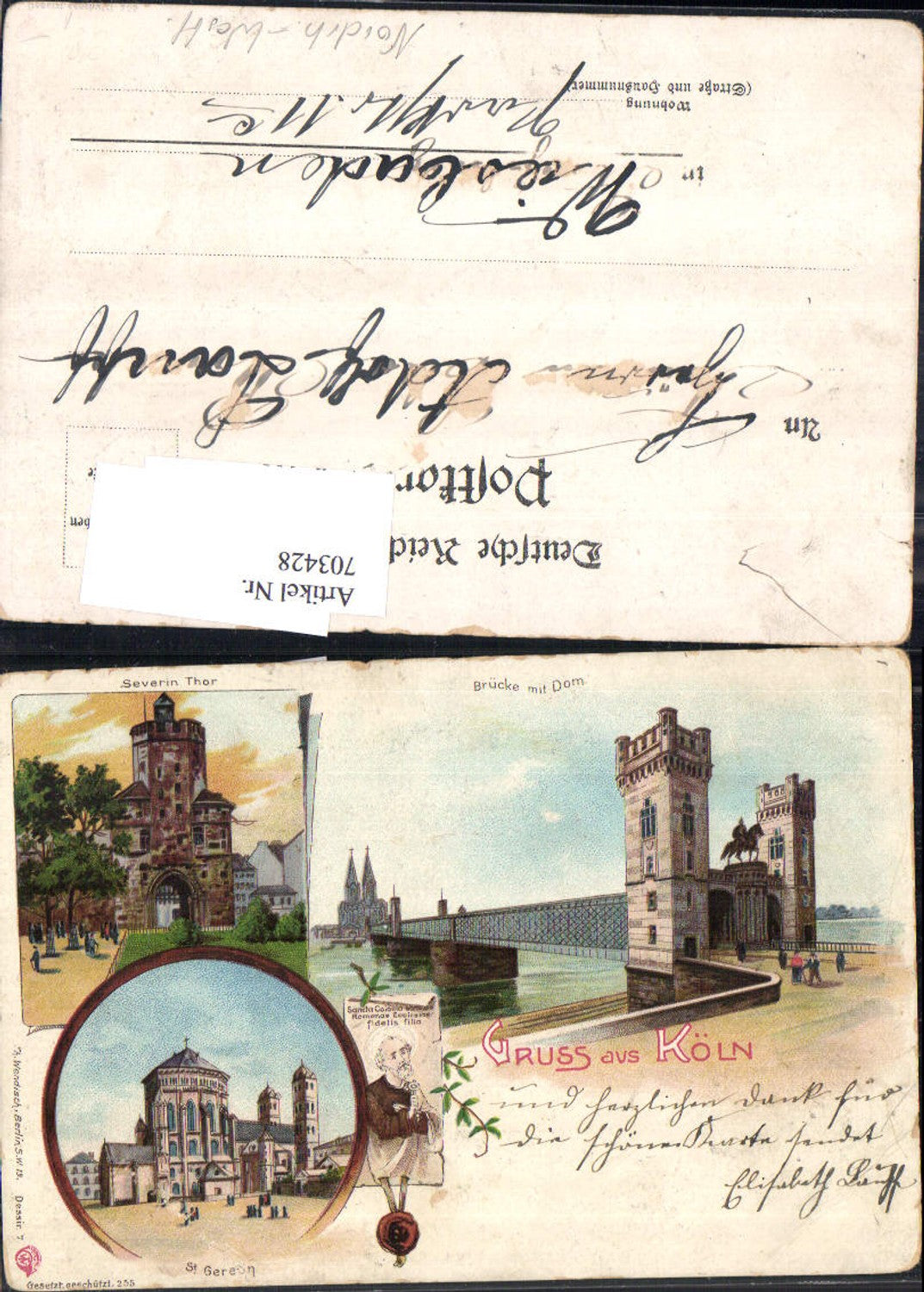 703428 Lithographie Gruss aus Köln am Rhein Brücke Dom Severin Thor
