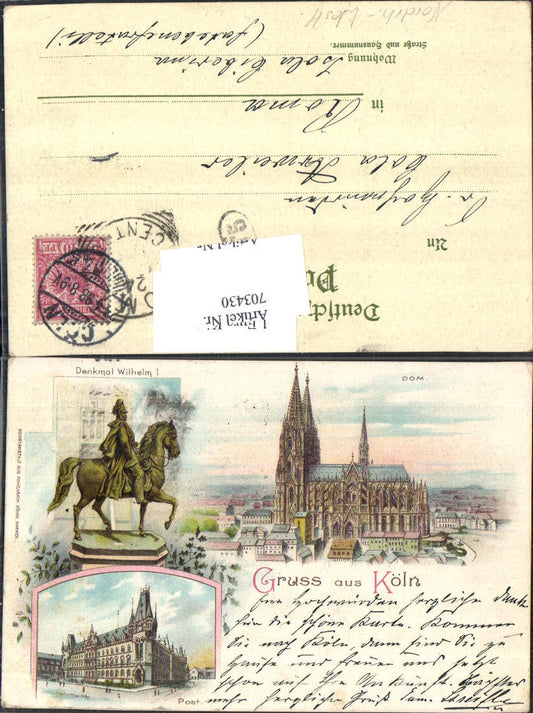 703430 Lithographie Gruss aus Köln am Rhein Dom Denkmal Wilhelm Post Postamt