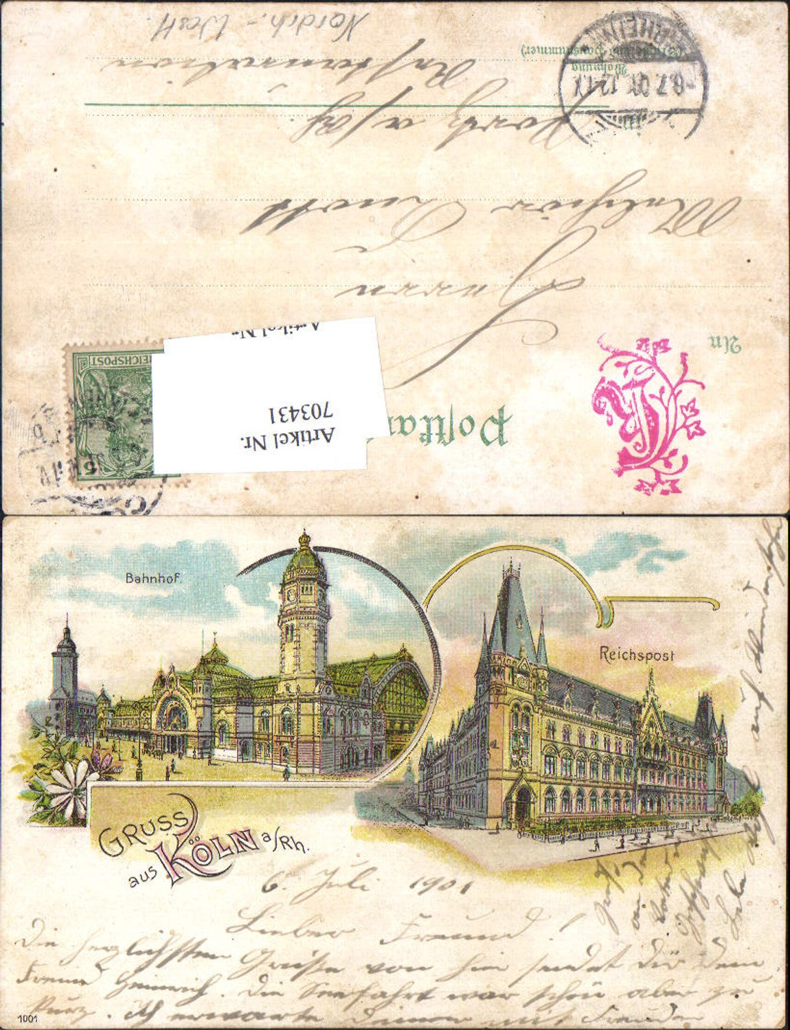 Lithographie Köln am Rhein Reichspost Bahnhof Stp. Portz am Rhein