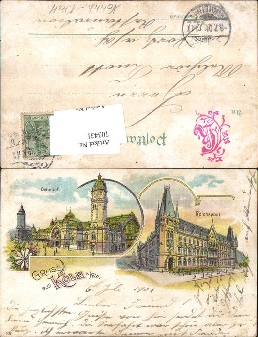 Lithographie Köln am Rhein Reichspost Bahnhof Stp. Portz am Rhein