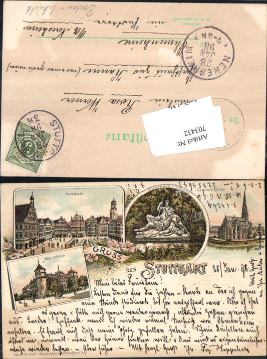 Lithograph Greetings from Stuttgart Castle Market Stp. Neresheim Ohmenheim GH z. Kanne