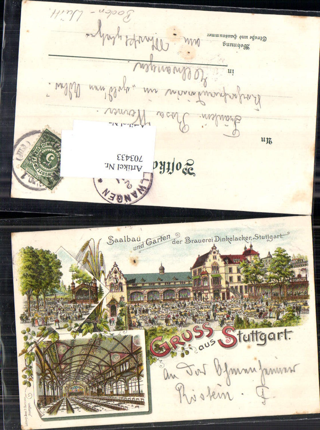 703433 Lithographie Gruss aus Stuttgart Saalbau Garten Brauerei Dinkelacker