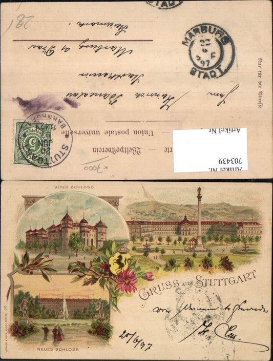 703439 Lithograph Greetings from Stuttgart Old Castle Stp. Marburg on the Drau