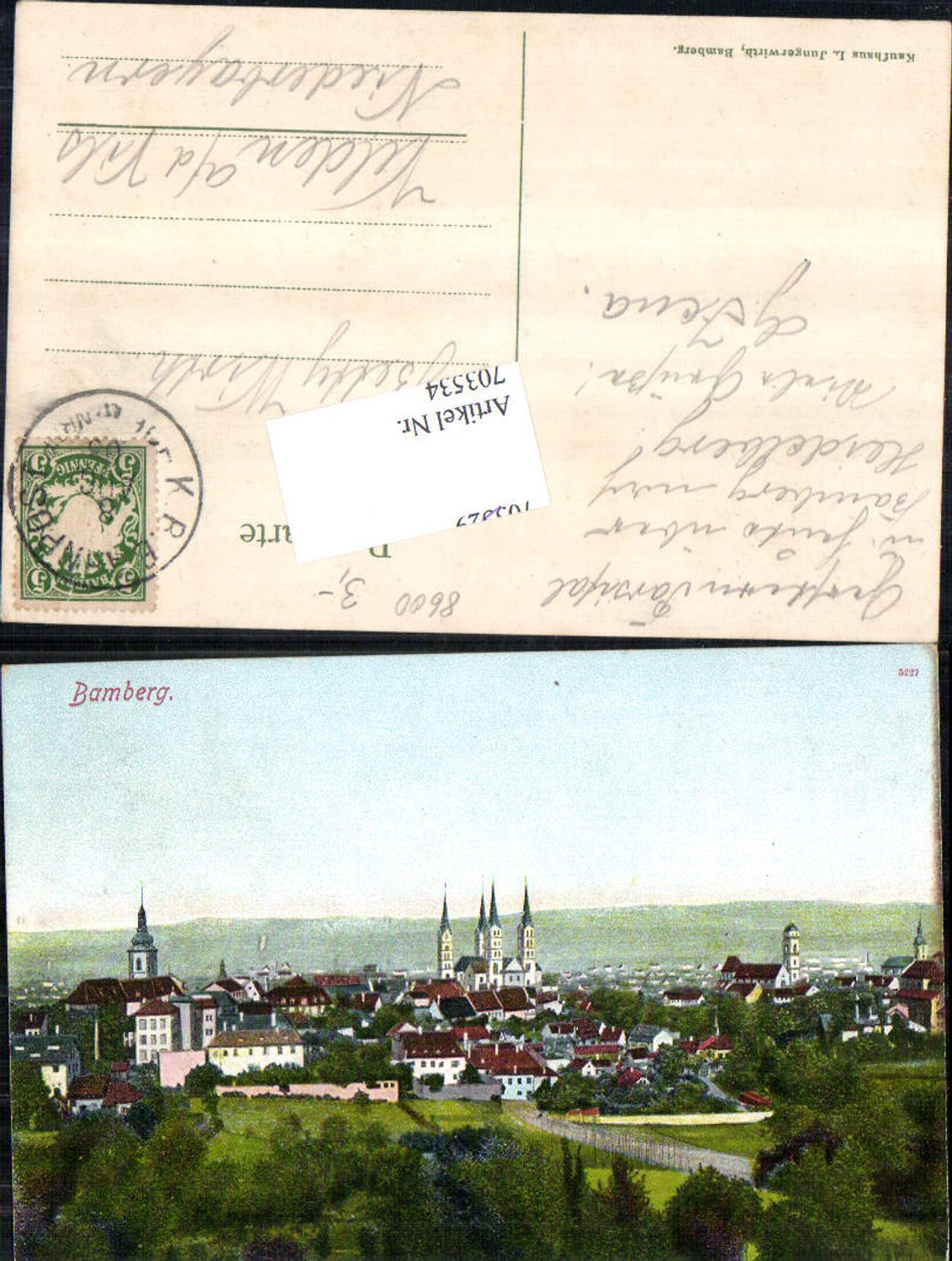 703534 Bamberg Totale pub L. Jungerwirth K.B. Bahnpost gel. Velden Vils