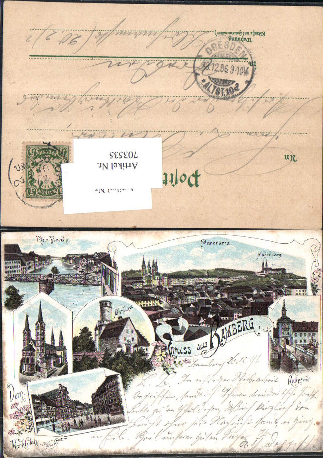 703535 Lithographie Gruss aus Bamberg Altenburg Rathaus Marktplatz Dom Klein-Venedig