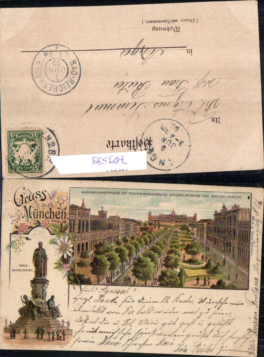 Lithograph Munich Max Monument Maximilianstrasse pub Moch &amp; Stern
