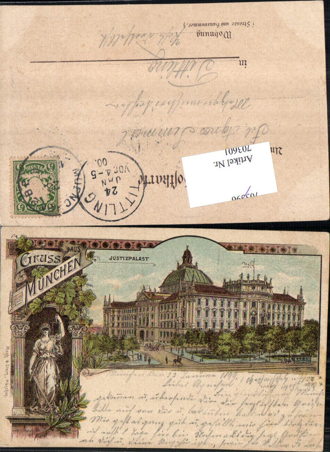 Lithographie München Justizpalast pub Moch & Stern Stp. Tittling