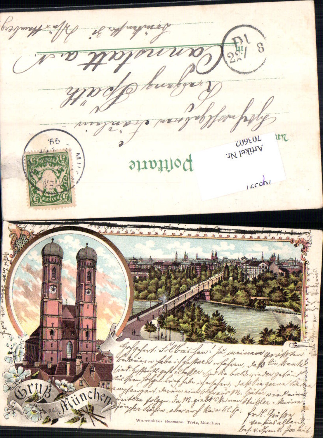 703602 tolle Lithographie München Frauenkirche pub Rosenblatt