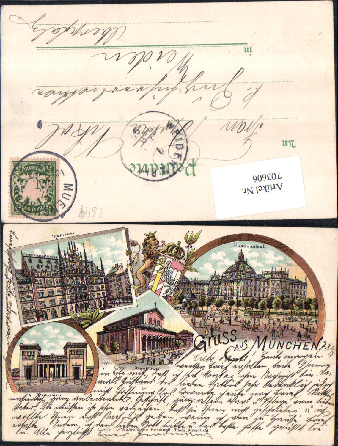 Lithographie Gruss aus München Basilika Rathaus Justizpalast pub Rosenblatt