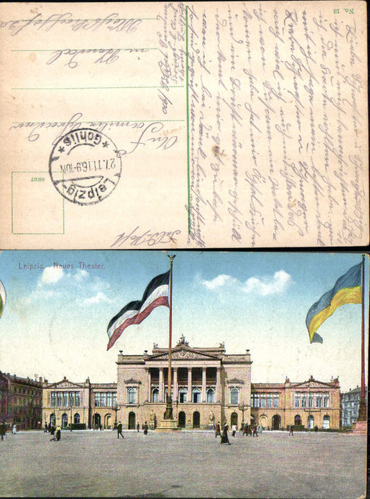 703620 Leipzig Neues Theater Fahnen Patriotik Flaggen Stp. Feldpost Gohlis n. Stendal