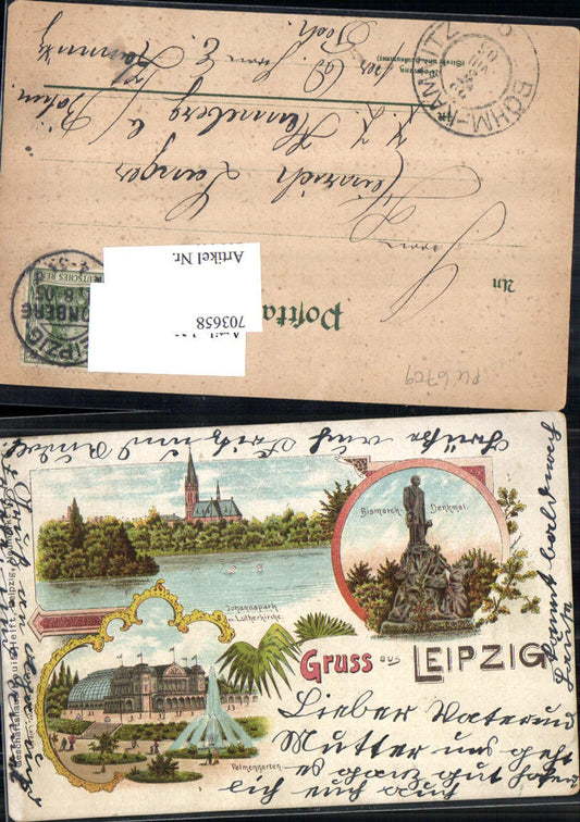 703658 Lithographie Gruss aus Leipzig Bismarck Denkmal Lutherkirche