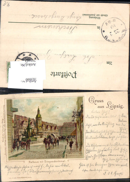 703660 Lithographie Gruss aus Leipzig Rathaus Siegesdenkmal  pub Wezel & Naumann