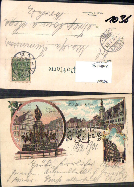 703663 Lithograph Greetings from Leipzig Market Square Town Hall Victory Monument