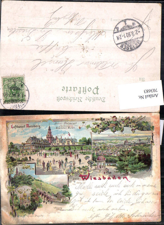 703683 Lithographie Gruss aus Wiesbaden Neroberg Restaurant Darhtseilbahn