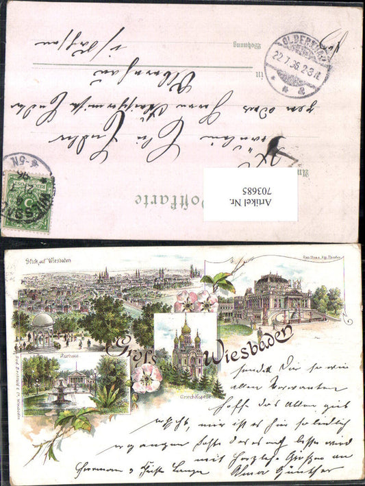 703685 Lithographie Gruss aus Wiesbaden Kurhaus Theater Stp. Olbernhau