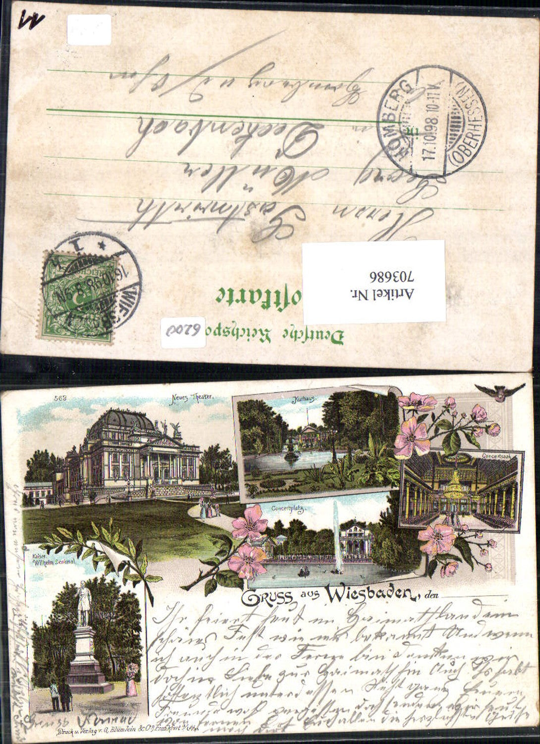 Lithographie Gruss aus Wiesbaden Theater Stp. Homberg Deckenbach