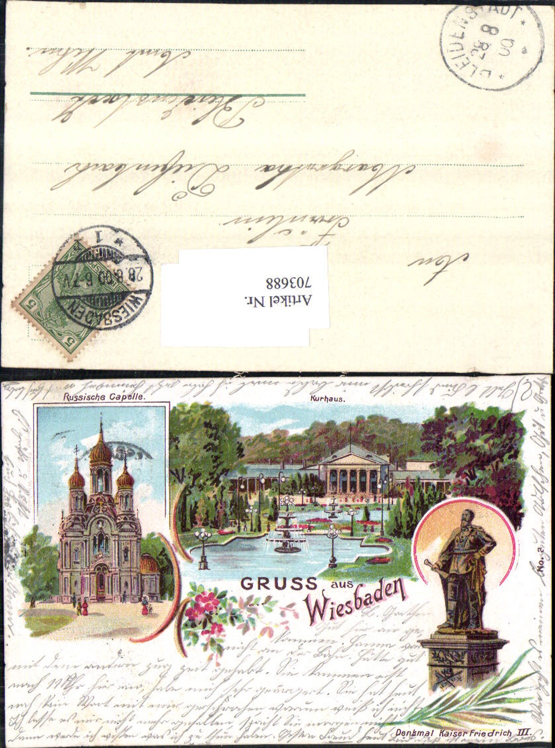 Lithographie Gruss aus Wiesbaden Russische Capelle Stp. Bleidenstadt Wehen