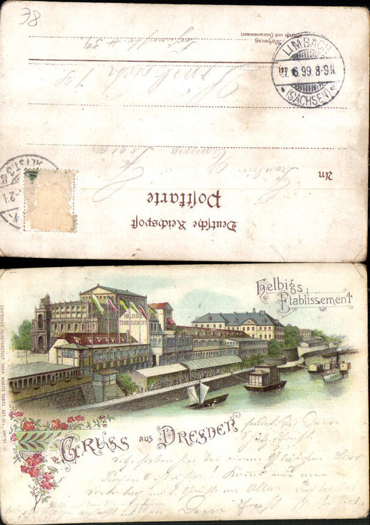 703758 Lithographie Gruss aus Dresden Helbigs Etablissement